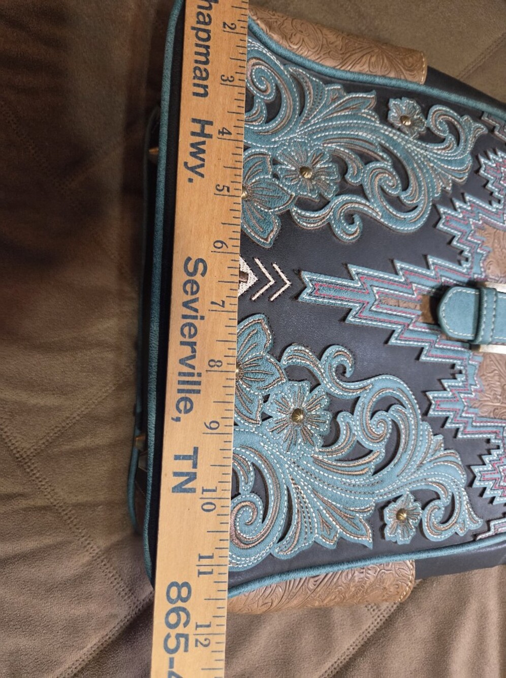 Montana West Conceal Carry Teal Tooled Floral Tote Bag with Buckle Strap - Picture 5 of 15